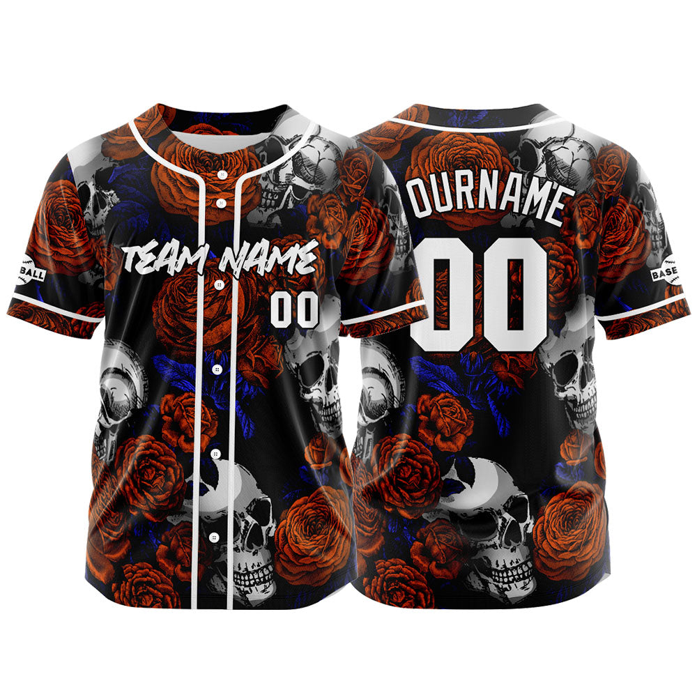 Custom Baseball Jersey Personalized Baseball Shirt for Men Women Kids Youth Teams Stitched and Print Rose Skull&Orange enthsush