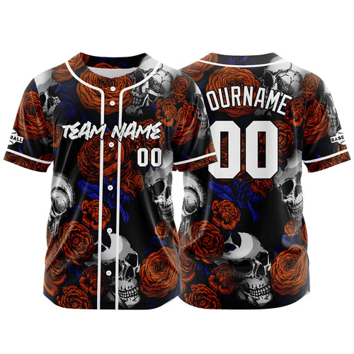 Custom Baseball Jersey Personalized Baseball Shirt for Men Women Kids Youth Teams Stitched and Print Rose Skull&Orange enthsush