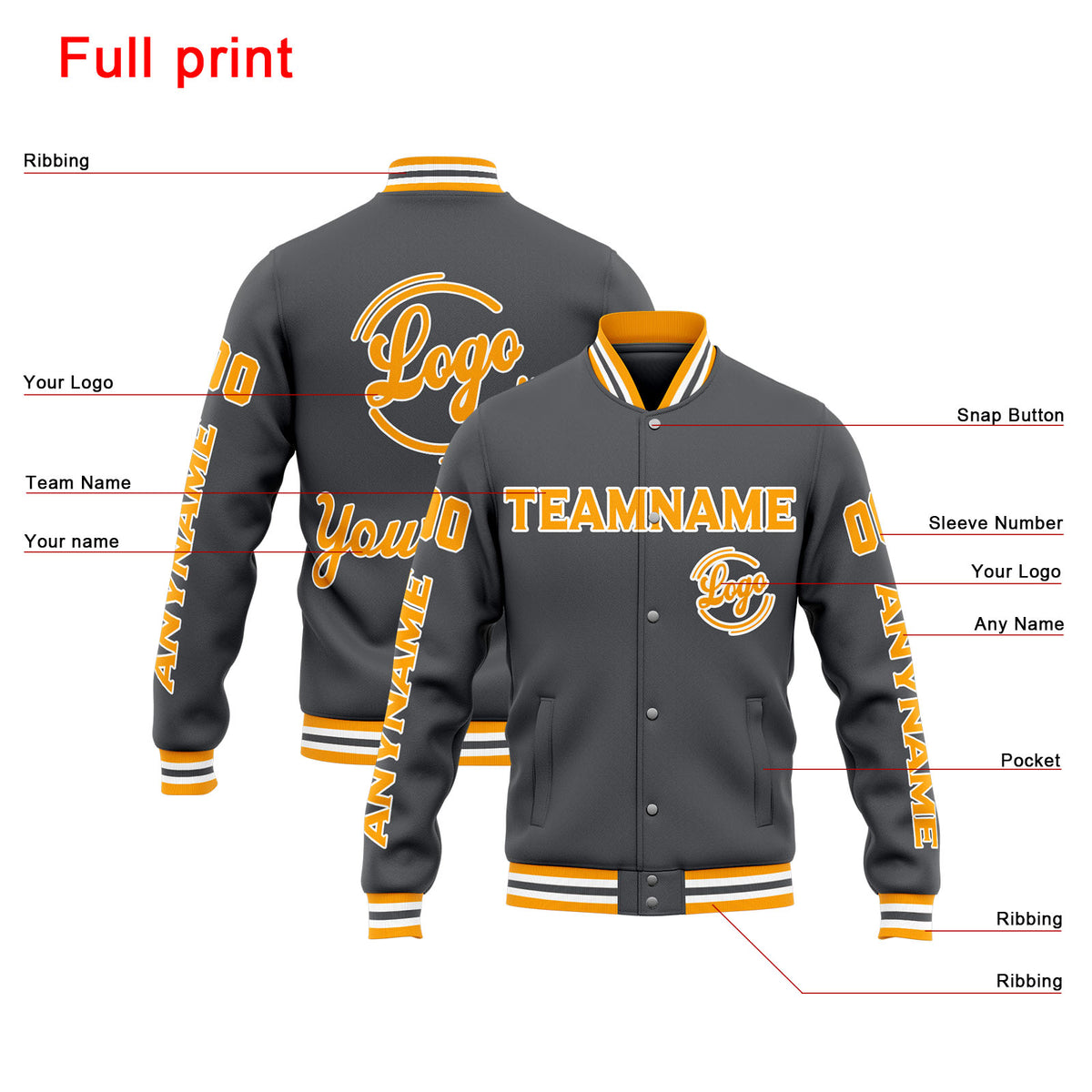 Custom Varsity Jacket Letterman jacket for Men, Women and Youth Grey Yellow enthsush