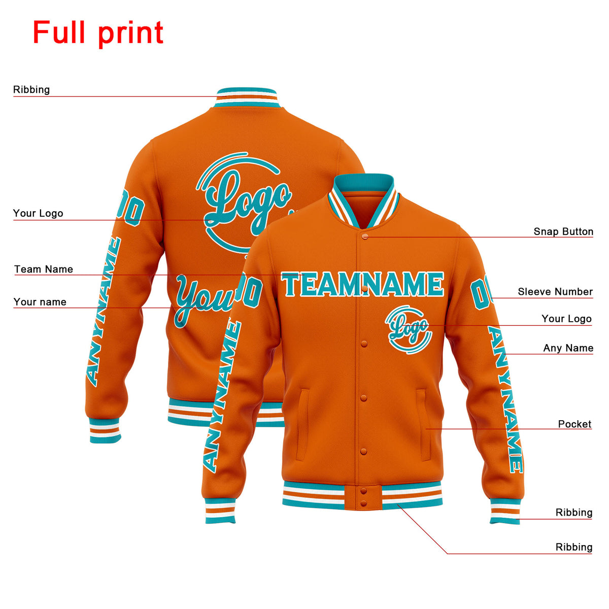 Custom Varsity Jacket Letterman jacket for Men, Women and Youth Orange Teal enthsush