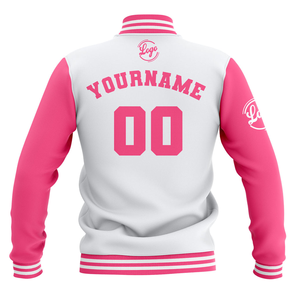Custom White Pink Waterproof Varsity Jackets Personalized Stitched Name Number Logo to Letterman Jackets enthsush