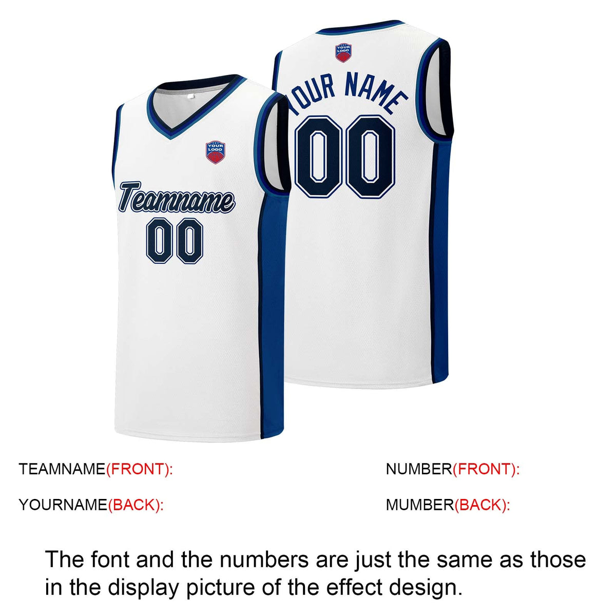 Custom basketball jersey shorts for men and women. Embroidered and printed name, number and logo White enthsush