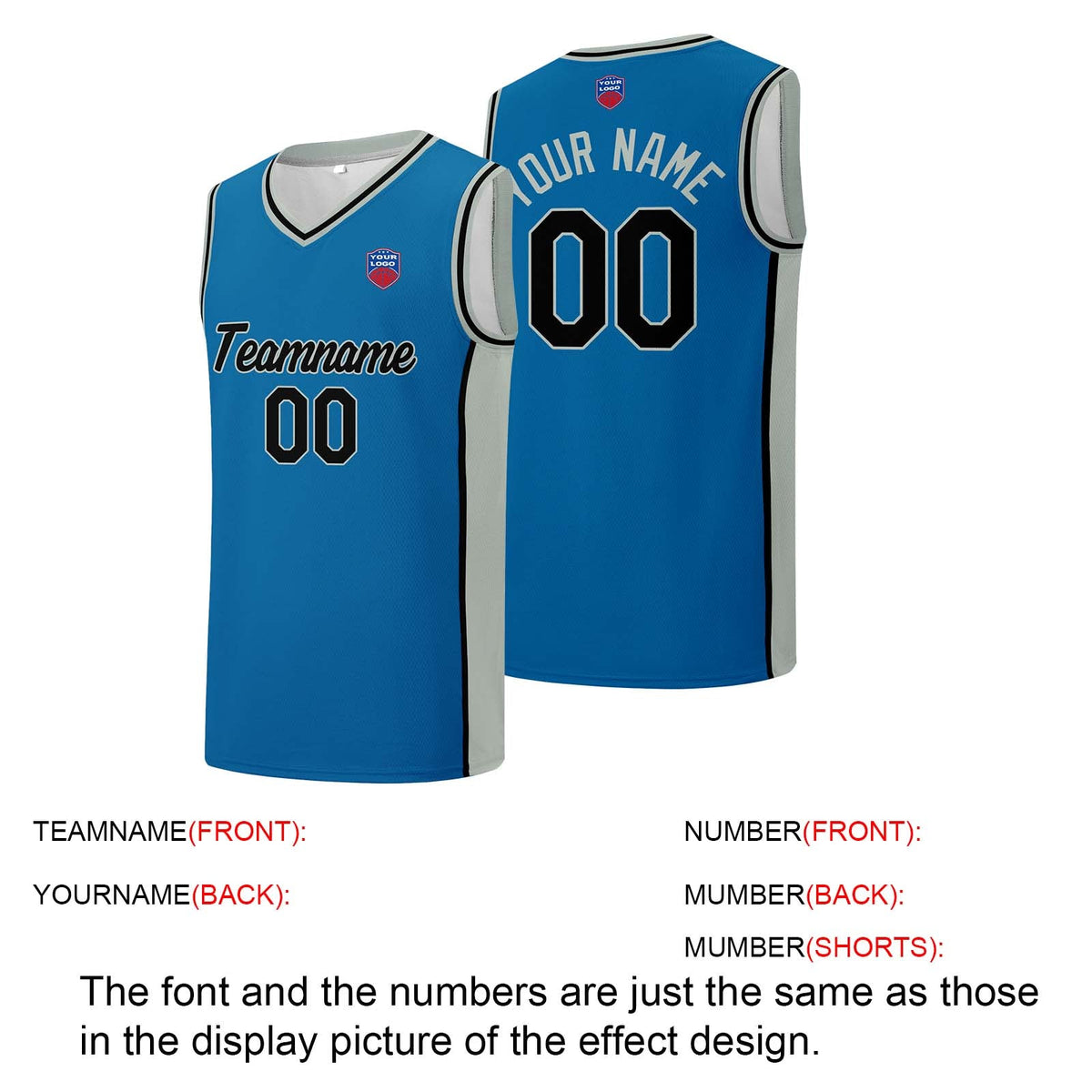 Custom basketball jersey shorts for men and women. Embroidered and printed name, number and logo Blue&Grey enthsush