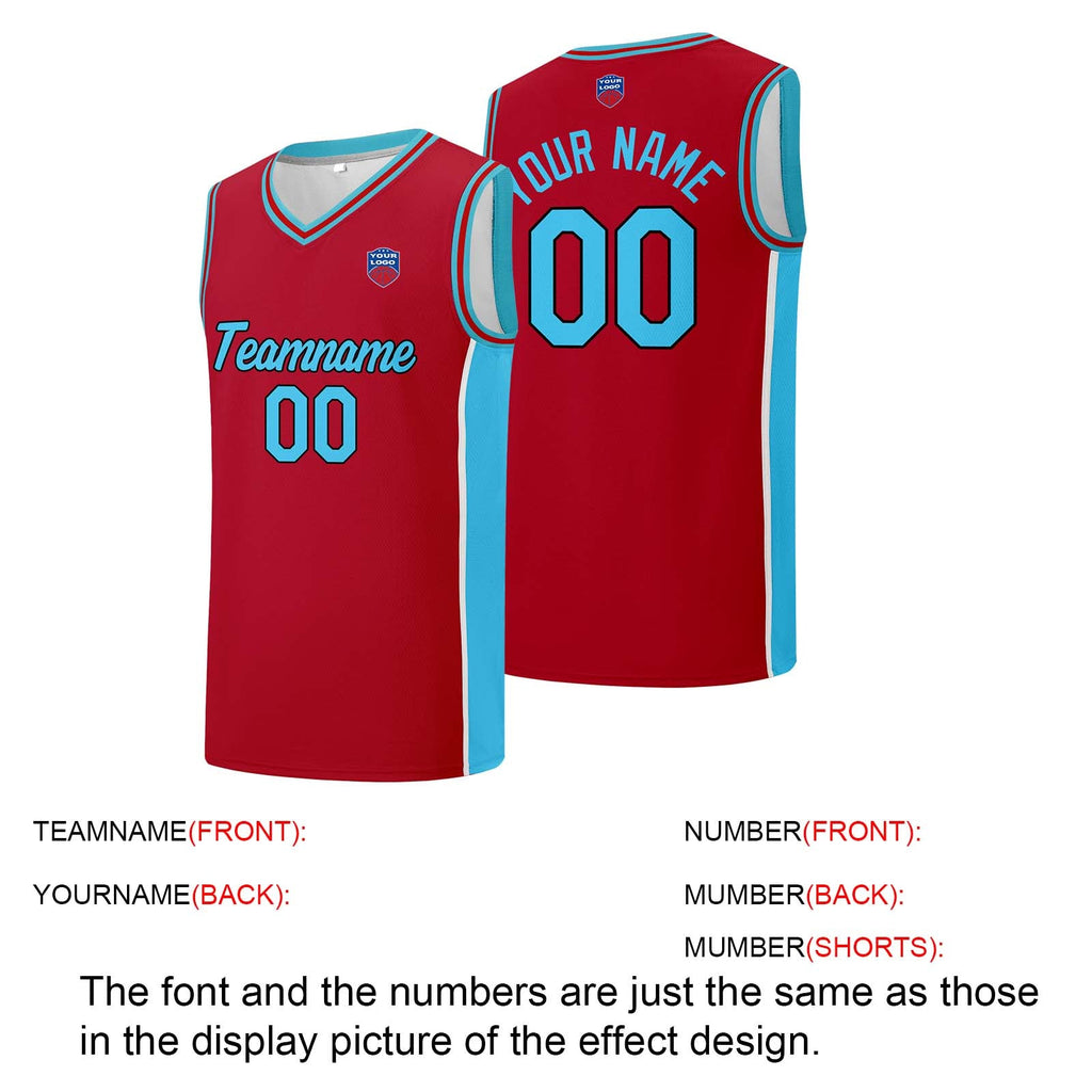 Custom basketball jersey shorts for men and women. Embroidered and printed name, number and logo Red&Light Blue enthsush