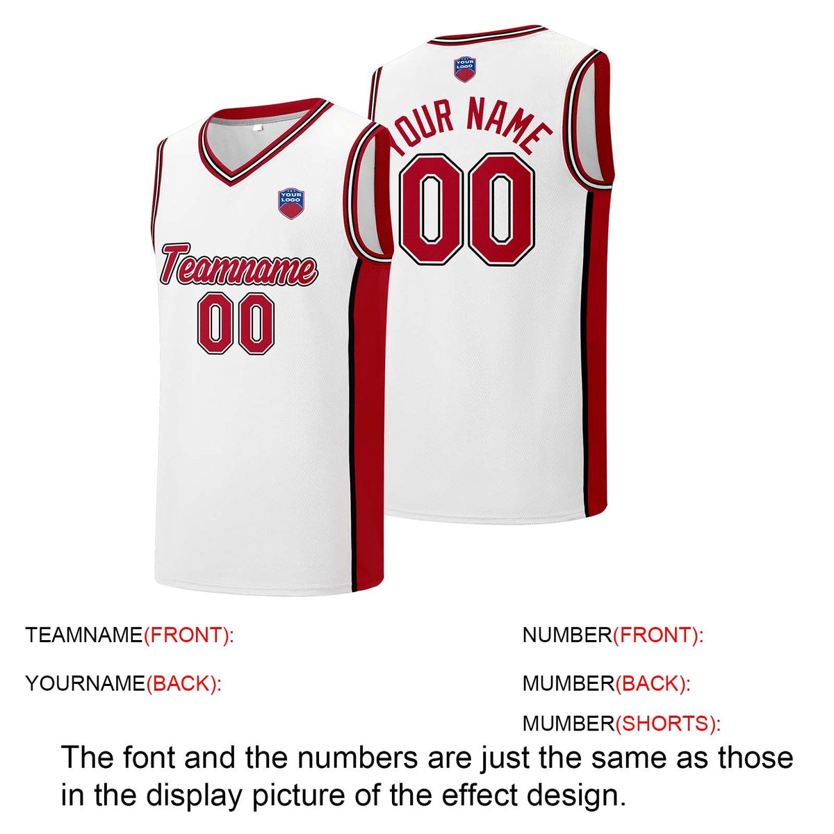 Custom basketball jersey shorts for men and women. Embroidered and printed name, number and logo White&Red enthsush