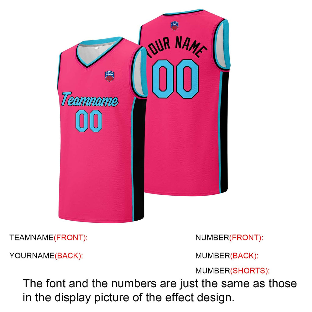 Custom basketball jersey shorts for men and women. Embroidered and printed name, number and logo Pink&Black&Light Blue enthsush