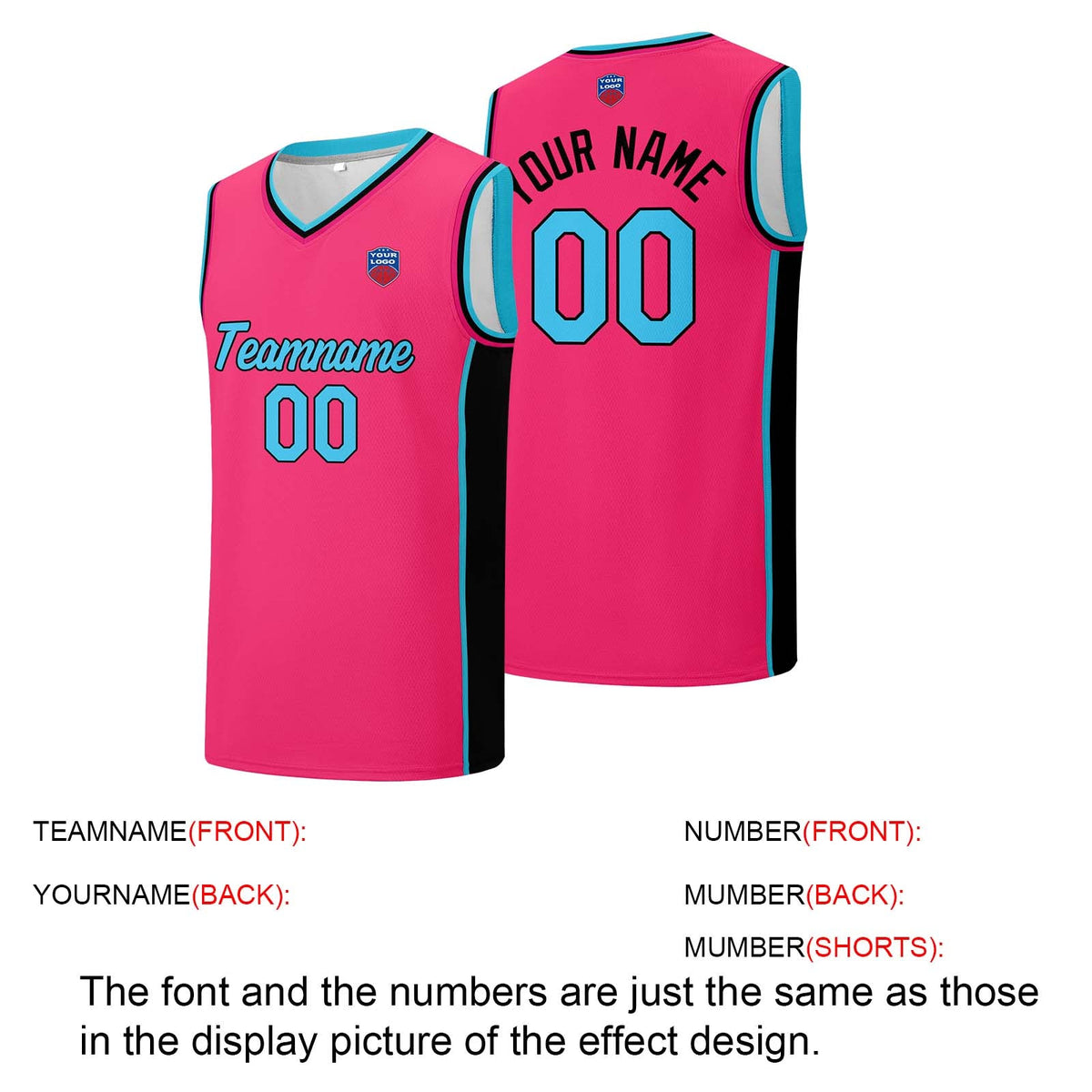 Custom basketball jersey shorts for men and women. Embroidered and printed name, number and logo Pink&Black&Light Blue enthsush
