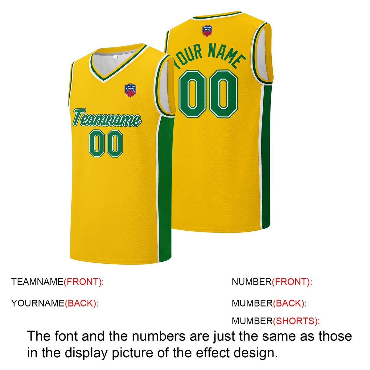 Custom basketball jersey shorts for men and women. Embroidered and printed name, number and logo Yellow&Green enthsush