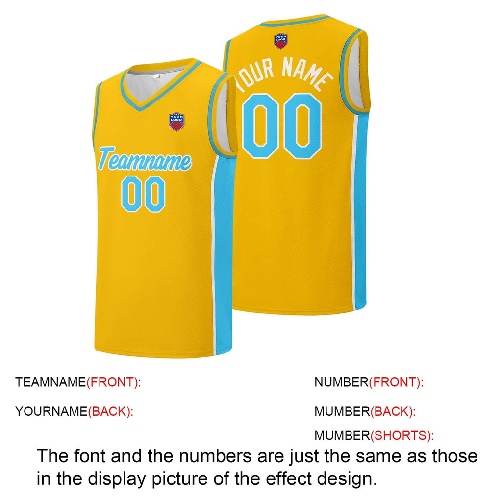 Custom basketball jersey shorts for men and women. Embroidered and printed name, number and logo Yellow&Light Blue enthsush