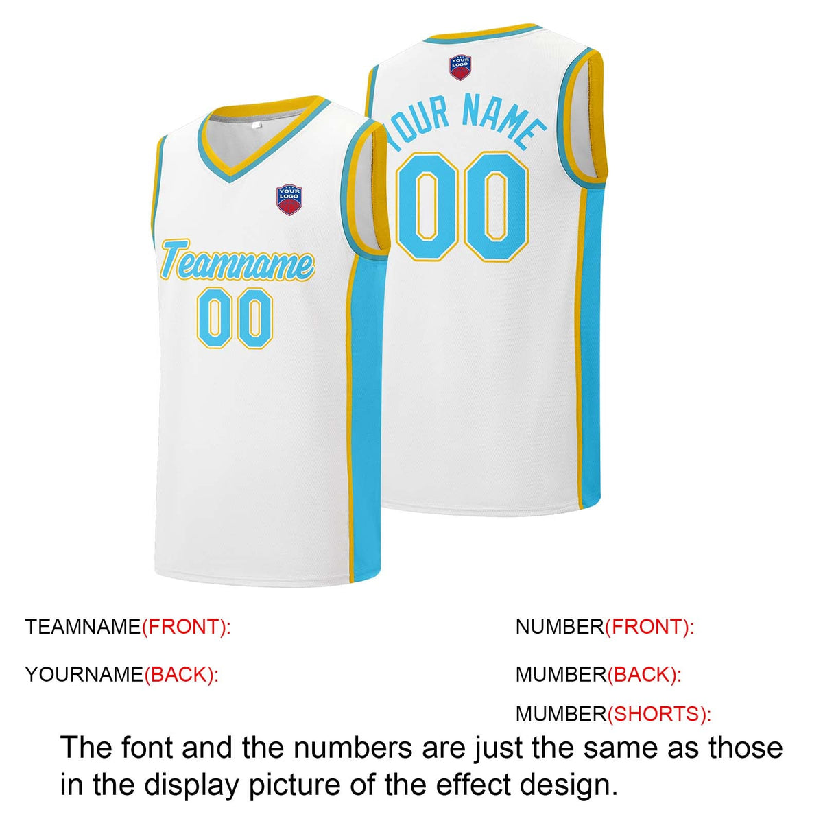 Custom basketball jersey shorts for men and women. Embroidered and printed name, number and logo White&Light Blue enthsush