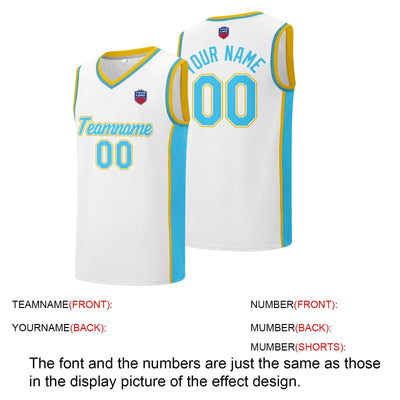Custom basketball jersey shorts for men and women. Embroidered and printed name, number and logo White&Light Blue enthsush