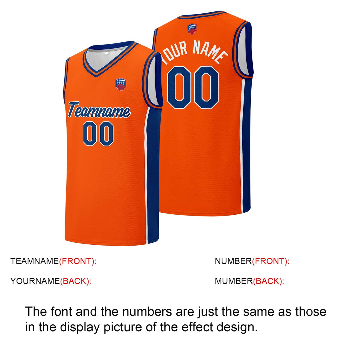 Custom basketball jersey shorts for men and women. Embroidered and printed name, number and logo Orange enthsush