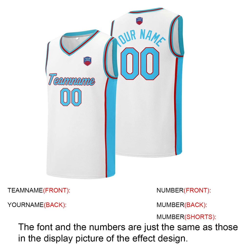 Custom basketball jersey shorts for men and women. Embroidered and printed name, number and logo White&Light Blue&Red enthsush