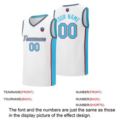 Custom basketball jersey shorts for men and women. Embroidered and printed name, number and logo White&Light Blue&Red enthsush