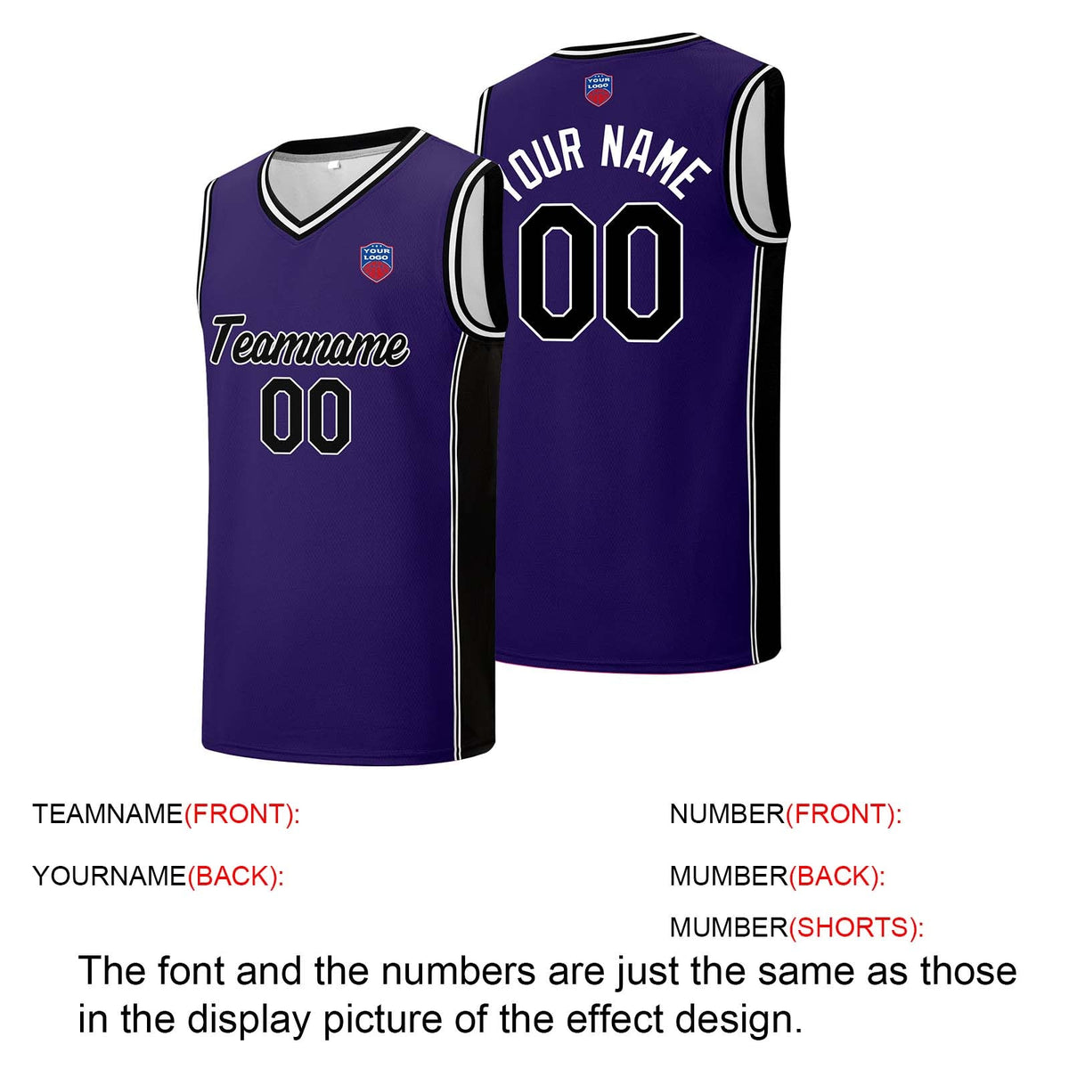 Custom basketball jersey shorts for men and women. Embroidered and printed name, number and logo Purple&Black enthsush
