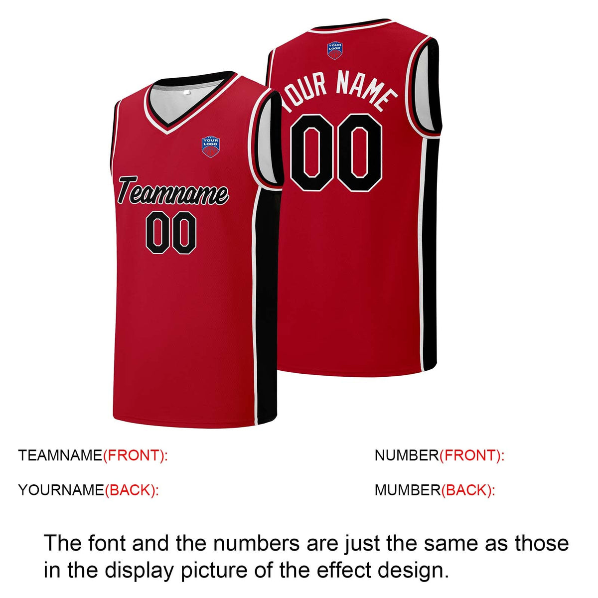 Custom basketball jersey shorts for men and women. Embroidered and printed name, number and logo Red enthsush