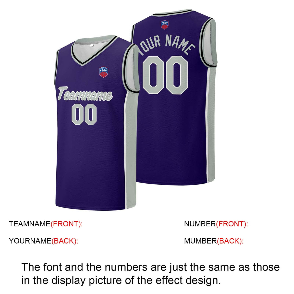 Custom basketball jersey shorts for men and women. Embroidered and printed name, number and logo Purple enthsush
