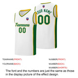 Custom basketball jersey shorts for men and women. Embroidered and printed name, number and logo White&Green&Yellow