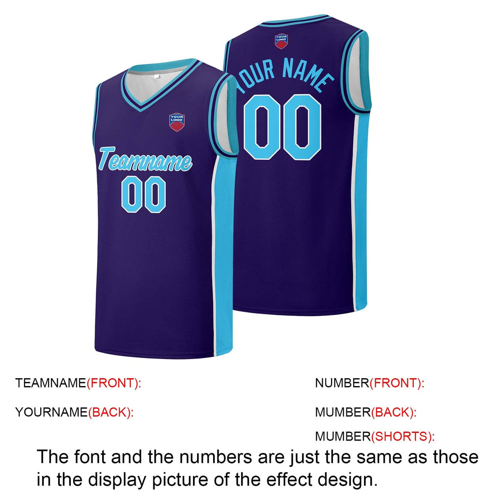 Custom basketball jersey shorts for men and women. Embroidered and printed name, number and logo Purple&Light Blue enthsush