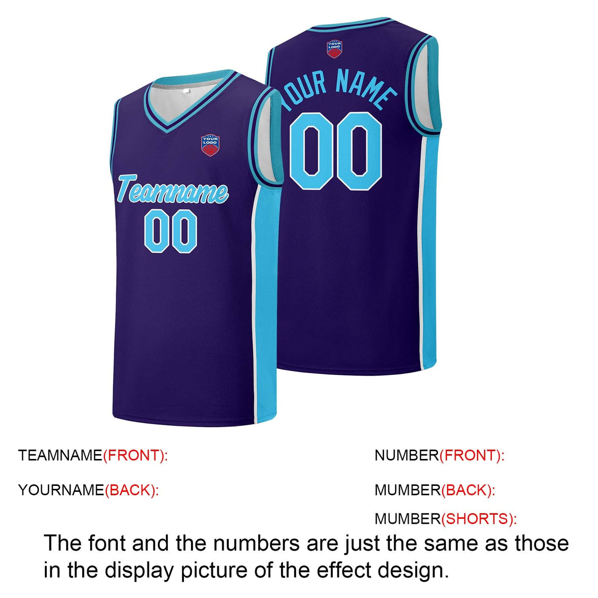 Custom basketball jersey shorts for men and women. Embroidered and printed name, number and logo Purple&Light Blue enthsush
