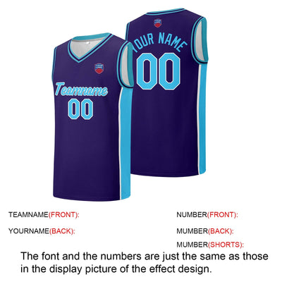 Custom basketball jersey shorts for men and women. Embroidered and printed name, number and logo Purple&Light Blue enthsush