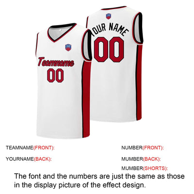 Custom basketball jersey shorts for men and women. Embroidered and printed name, number and logo White&Red&Black enthsush