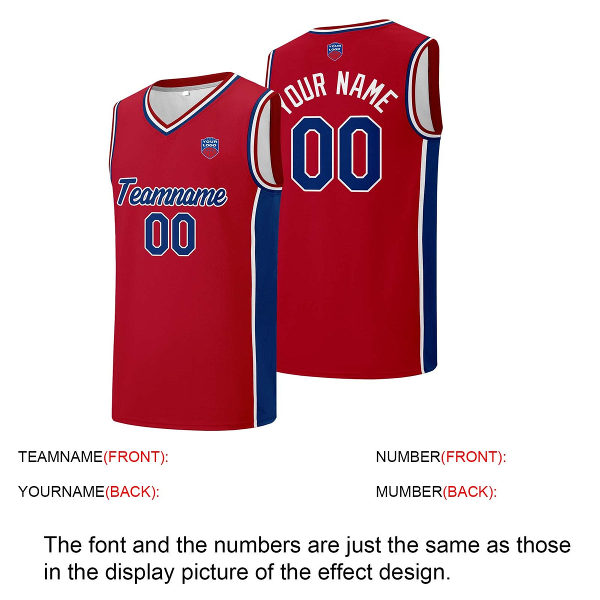 Custom basketball jersey shorts for men and women. Embroidered and printed name, number and logo Red enthsush