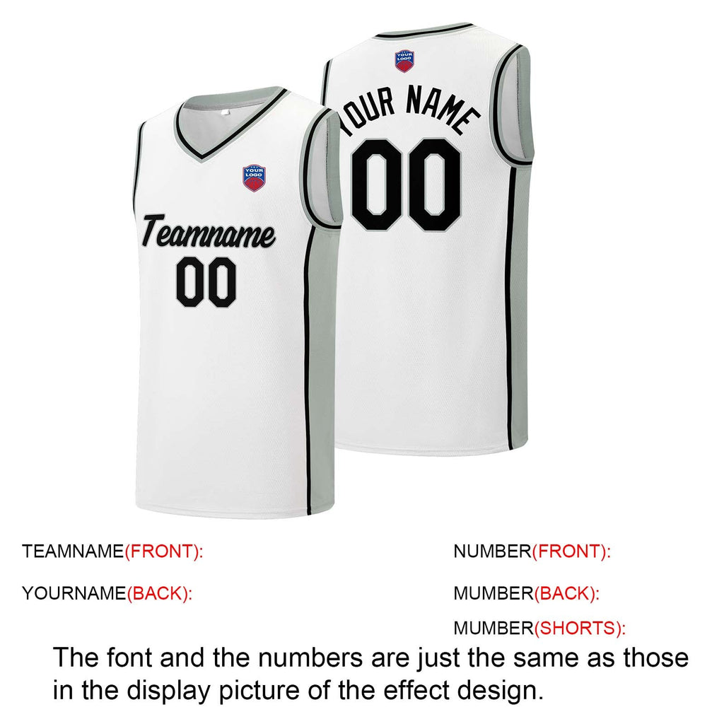 Custom basketball jersey shorts for men and women. Embroidered and printed name, number and logo White&Grey enthsush