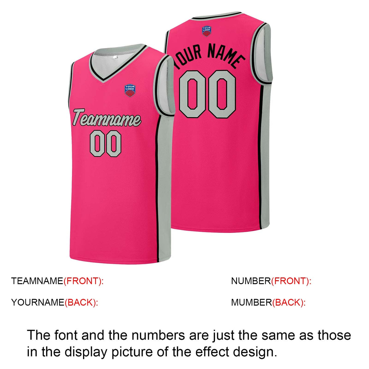Custom basketball jersey shorts for men and women. Embroidered and printed name, number and logo Pink enthsush