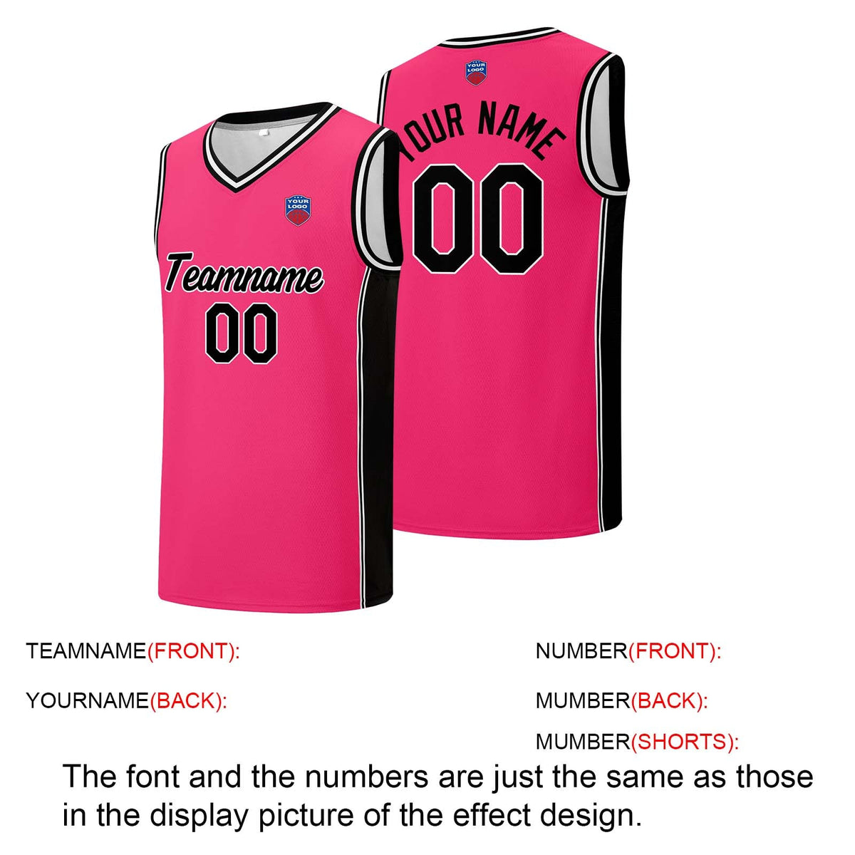 Custom basketball jersey shorts for men and women. Embroidered and printed name, number and logo Pink&Black enthsush