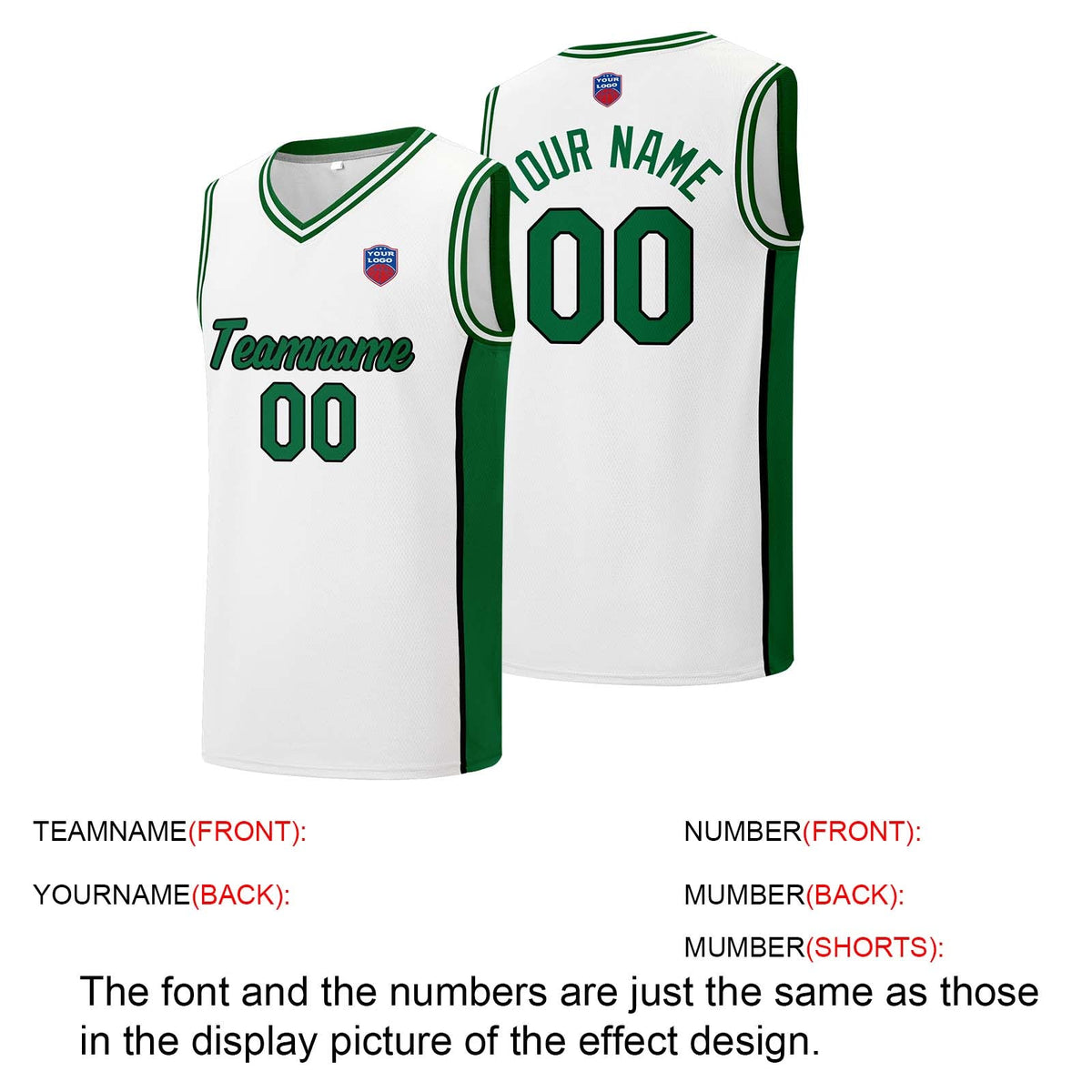 Custom basketball jersey shorts for men and women. Embroidered and printed name, number and logo White&Green enthsush
