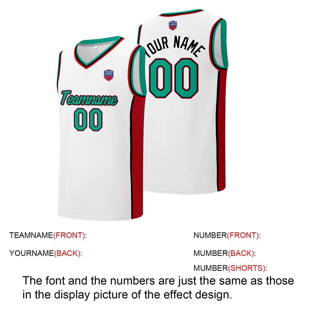 Custom basketball jersey shorts for men and women. Embroidered and printed name, number and logo White&Red&Green enthsush