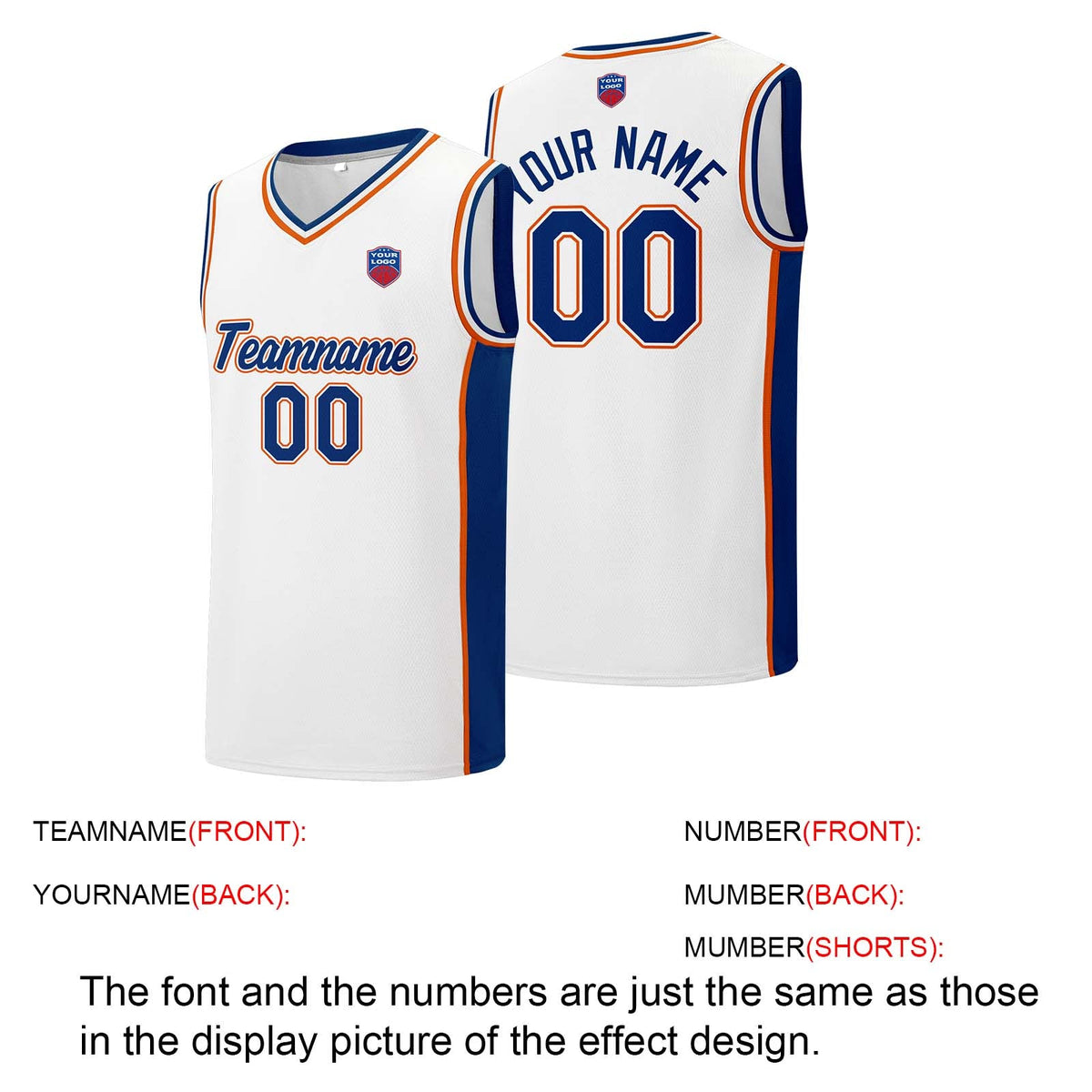 Custom basketball jersey shorts for men and women. Embroidered and printed name, number and logo White&Royal&Orange enthsush