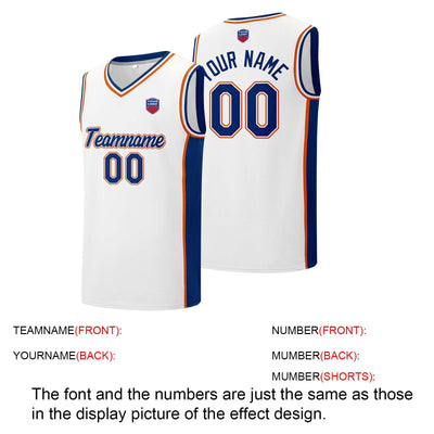 Custom basketball jersey shorts for men and women. Embroidered and printed name, number and logo White&Royal&Orange enthsush