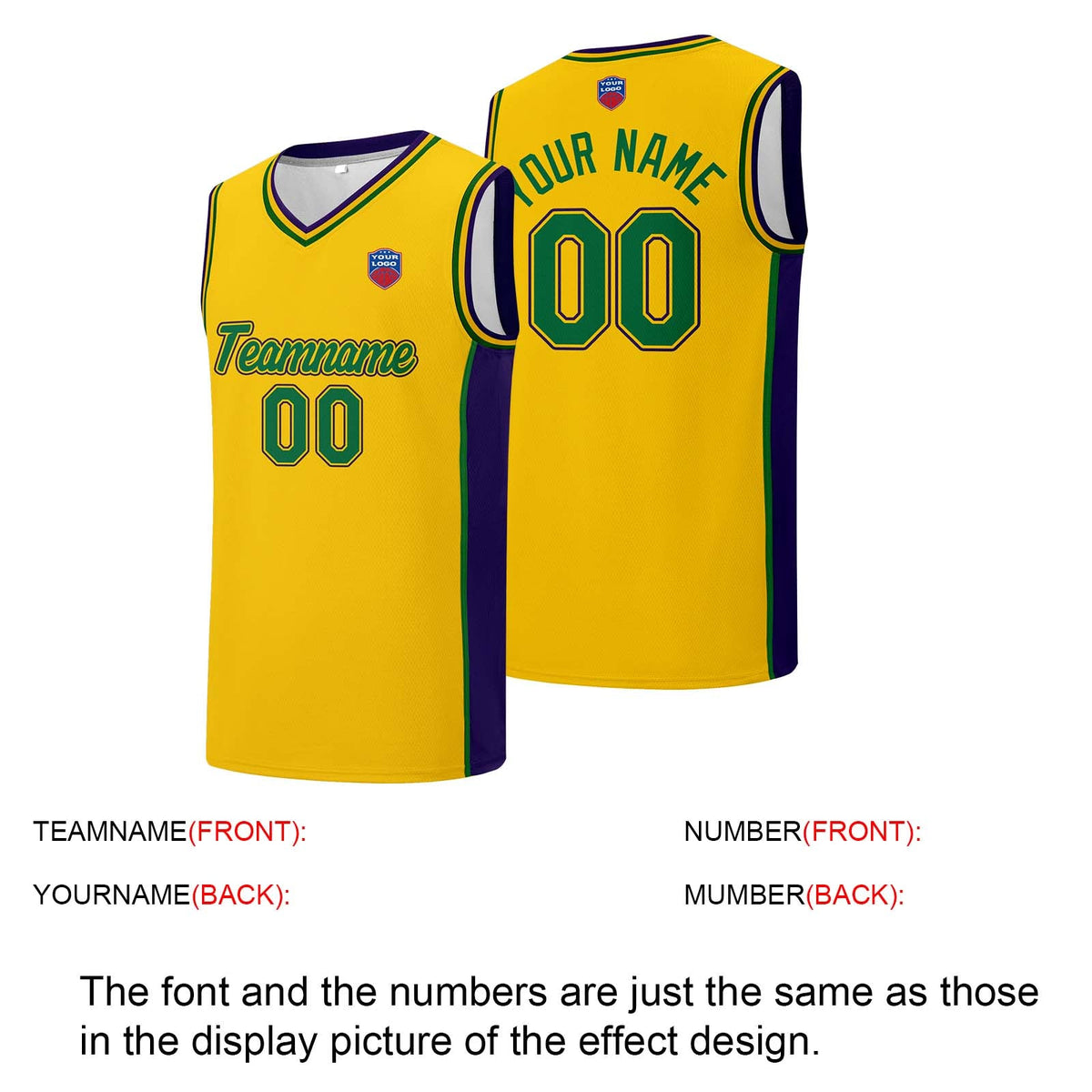 Custom basketball jersey shorts for men and women. Embroidered and printed name, number and logo Yellow enthsush