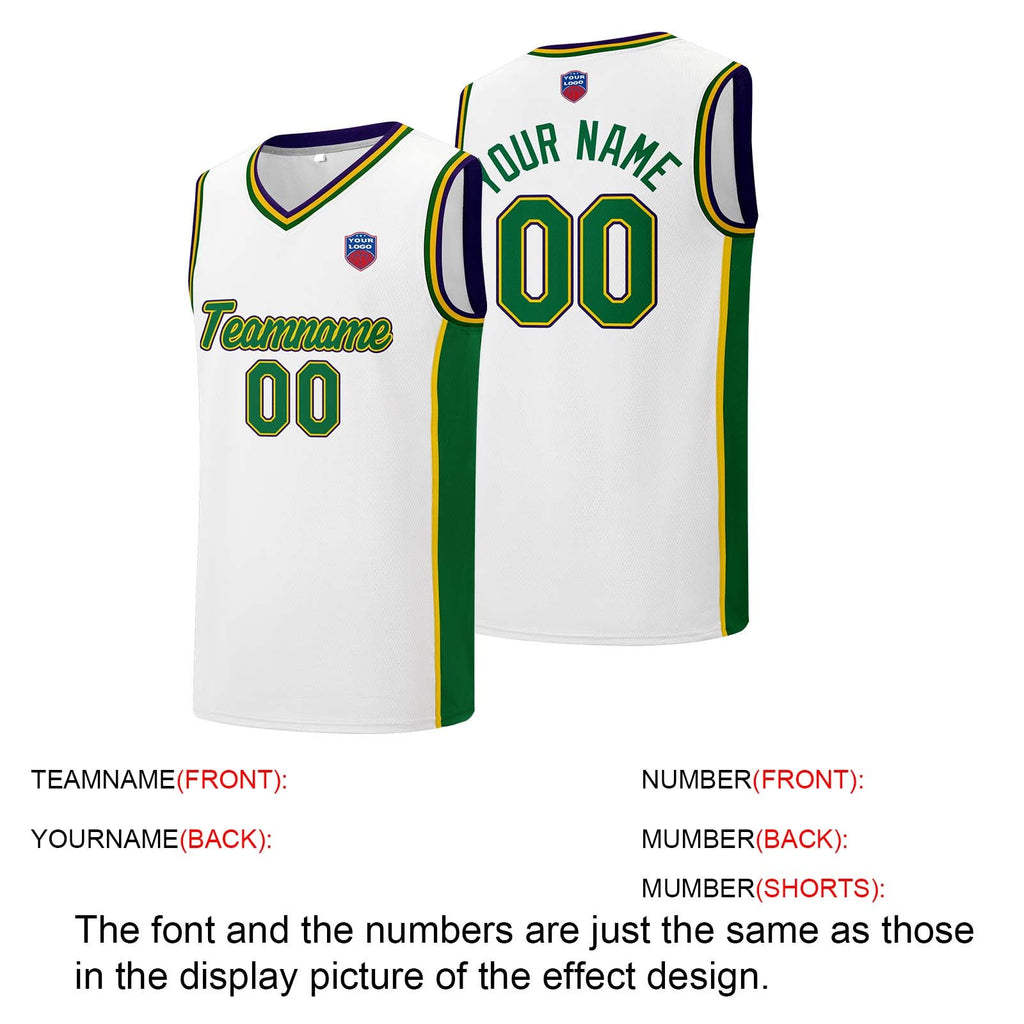 Custom basketball jersey shorts for men and women. Embroidered and printed name, number and logo White&Green&Yellow&Purple enthsush
