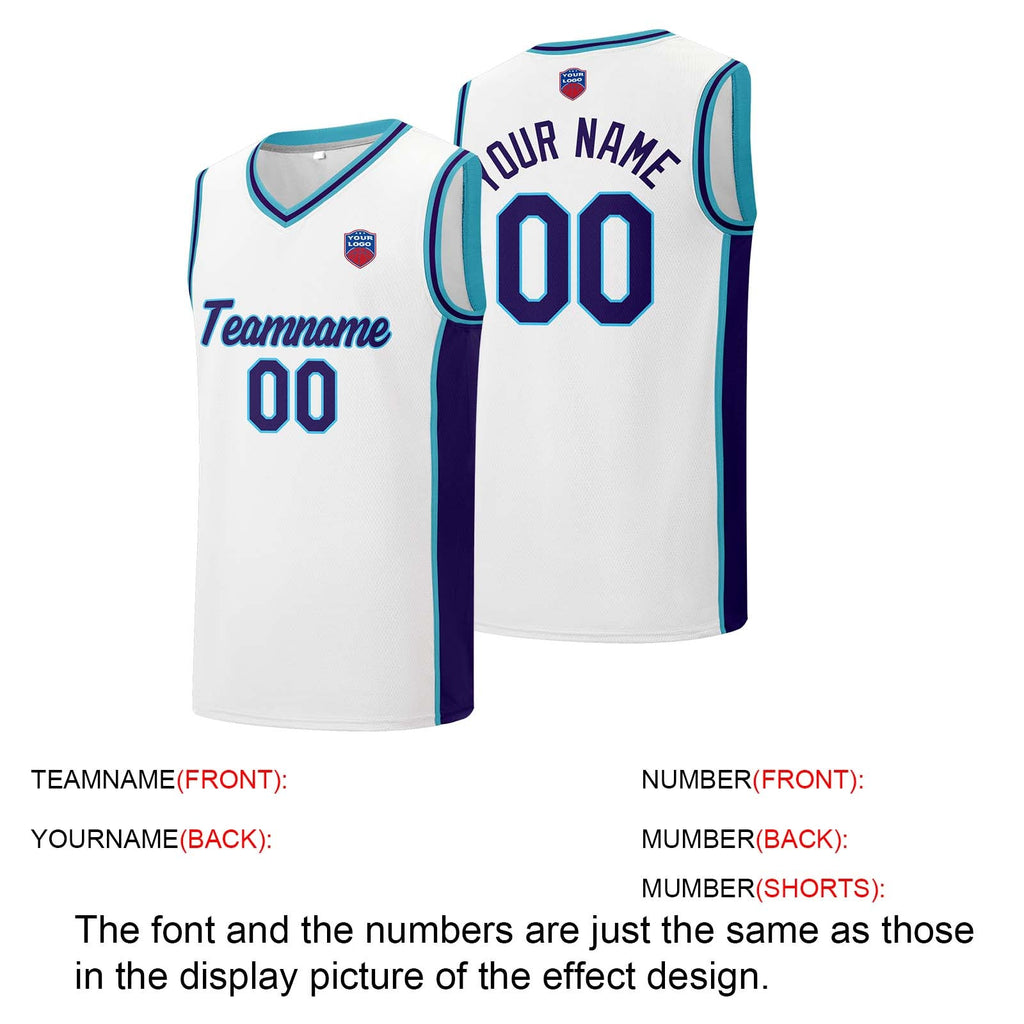 Custom basketball jersey shorts for men and women. Embroidered and printed name, number and logo White&Purple enthsush