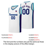 Custom basketball jersey shorts for men and women. Embroidered and printed name, number and logo White&Purple