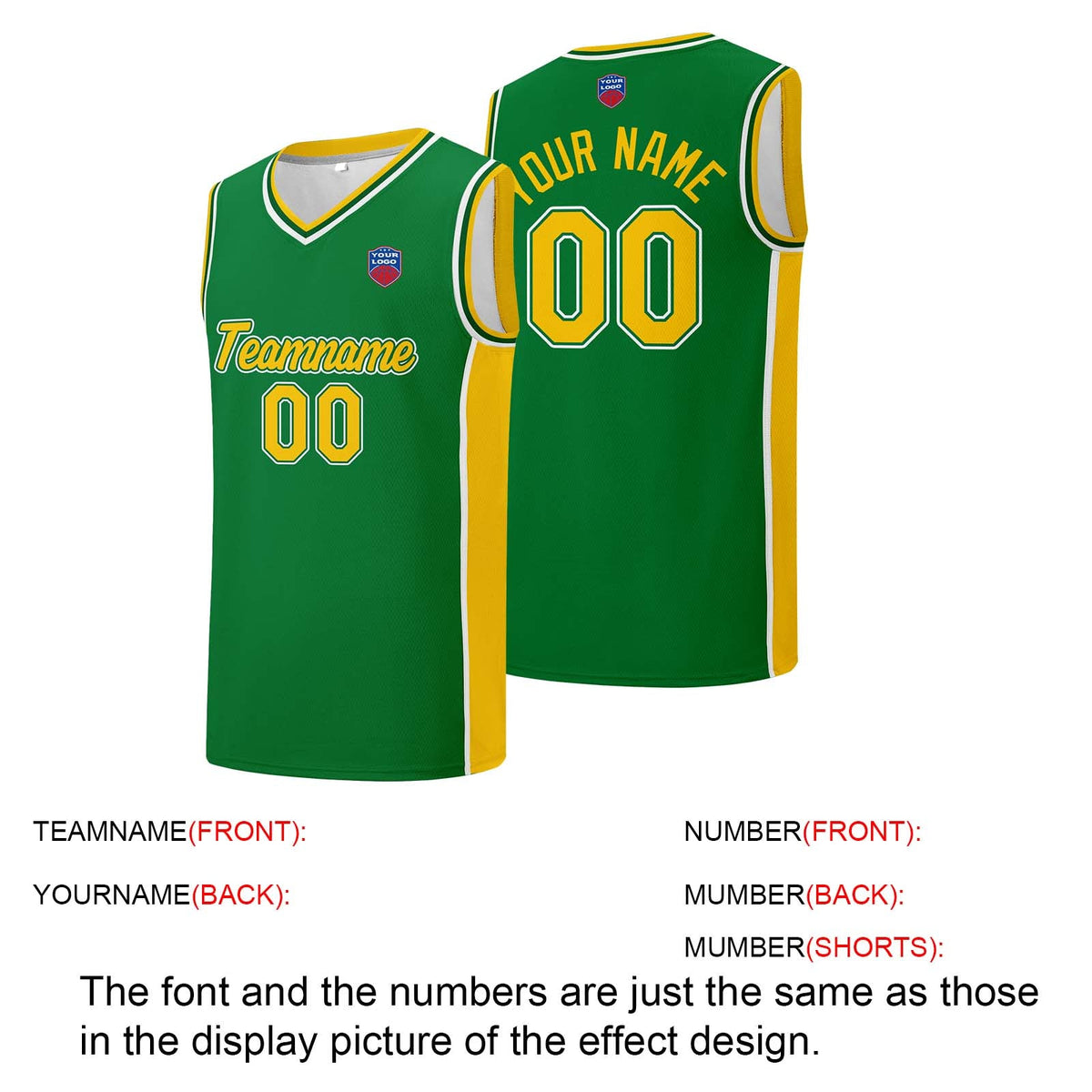 Custom basketball jersey shorts for men and women. Embroidered and printed name, number and logo Green&Yellow enthsush