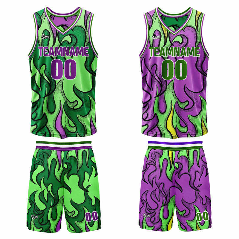 Custom Green Purple Reversible Basketball Suit for Adults and Kids Personalized Jersey