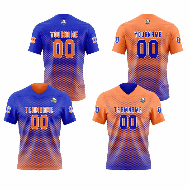 Custom Royal Blue Vibrant Orange Reversible Football Jersey Personalized Gradient Football Shirts for Men Printed Team Name Number Logo