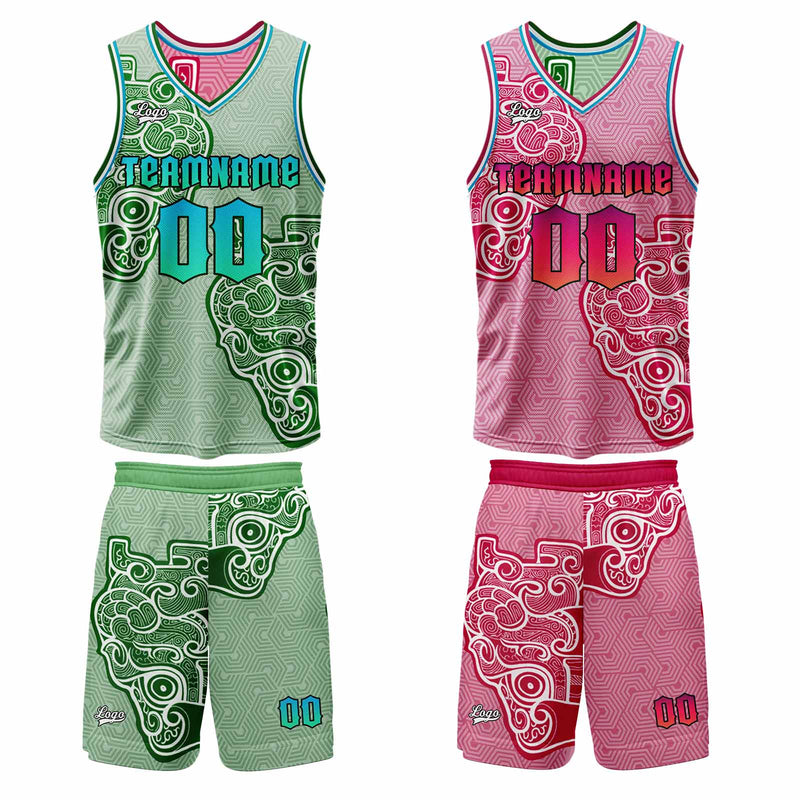 Custom Green Pink Reversible Basketball Suit for Adults and Kids Personalized Jersey