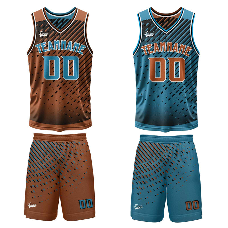 Custom Brown Blue Reversible Basketball Suit for Adults and Kids Personalized Jersey