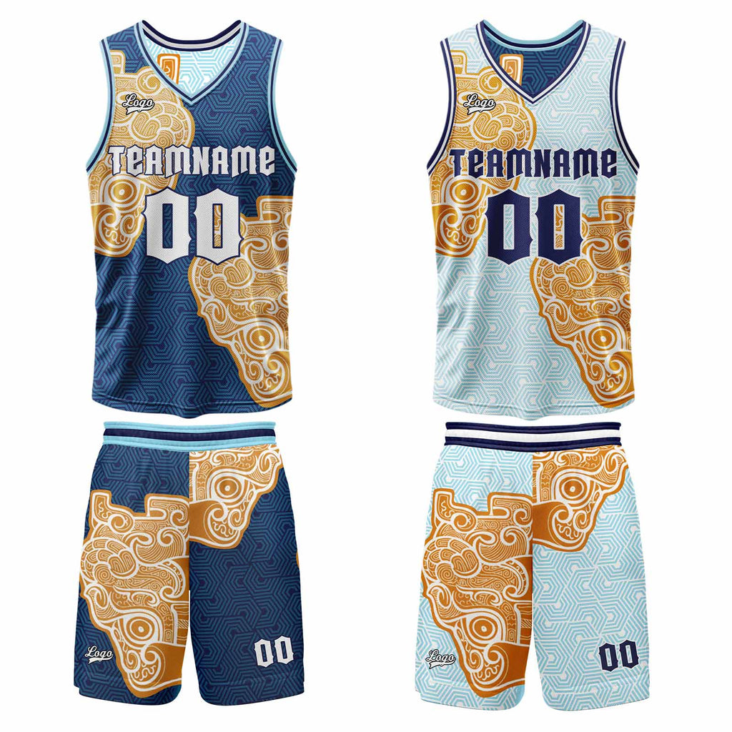 Custom Navy Light Blue Reversible Basketball Suit for Adults and Kids Personalized Jersey enthsush