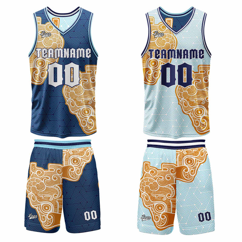 Custom Navy Light Blue Reversible Basketball Suit for Adults and Kids Personalized Jersey