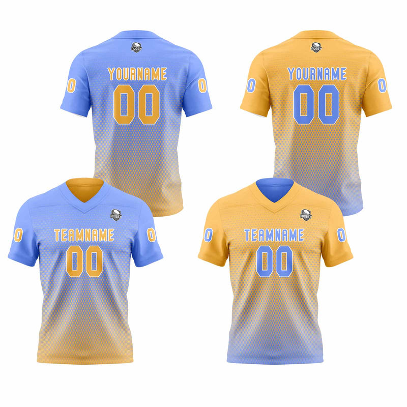 Custom Sky Blue Butter Yellow Reversible Football Jersey Personalized Gradient Football Shirts for Men Printed Team Name Number Logo