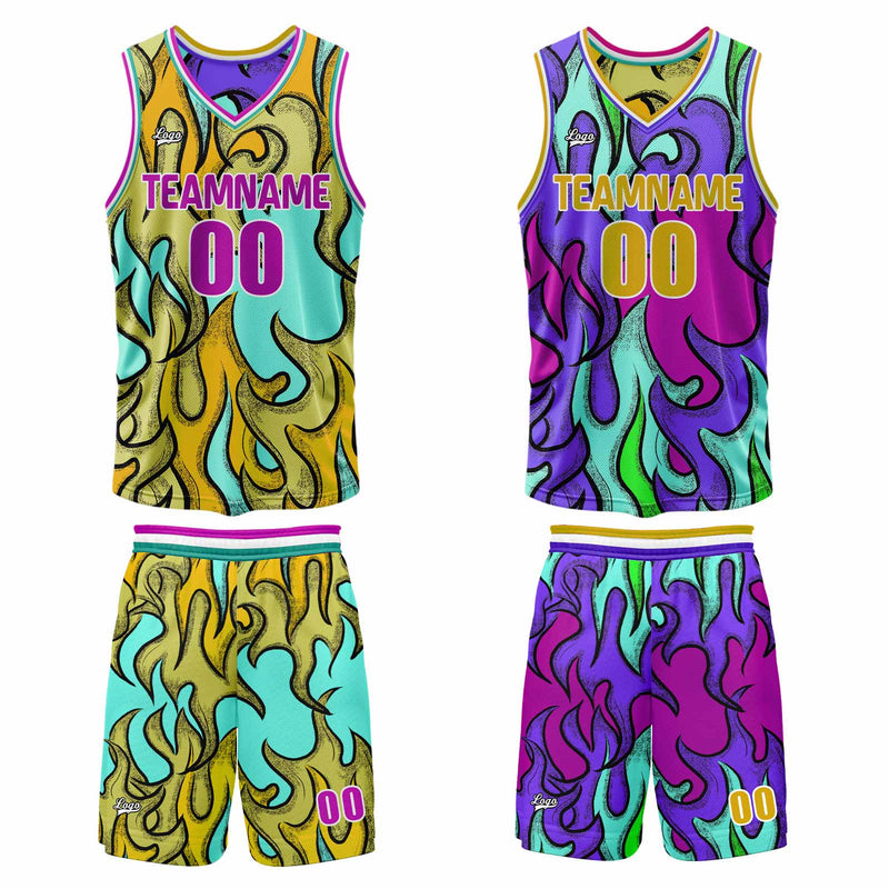 Custom Purple Yellow Reversible Basketball Suit for Adults and Kids Personalized Jersey