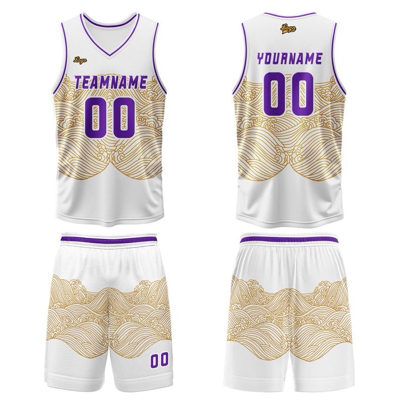 Custom White Yellow Violet Basketball Jersey Uniform Suit Printed Your Logo Name Number