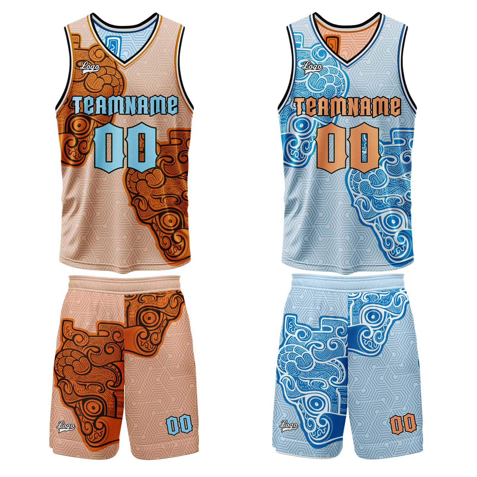 Custom Orange Light Blue Reversible Basketball Suit for Adults and Kids Personalized Jersey enthsush