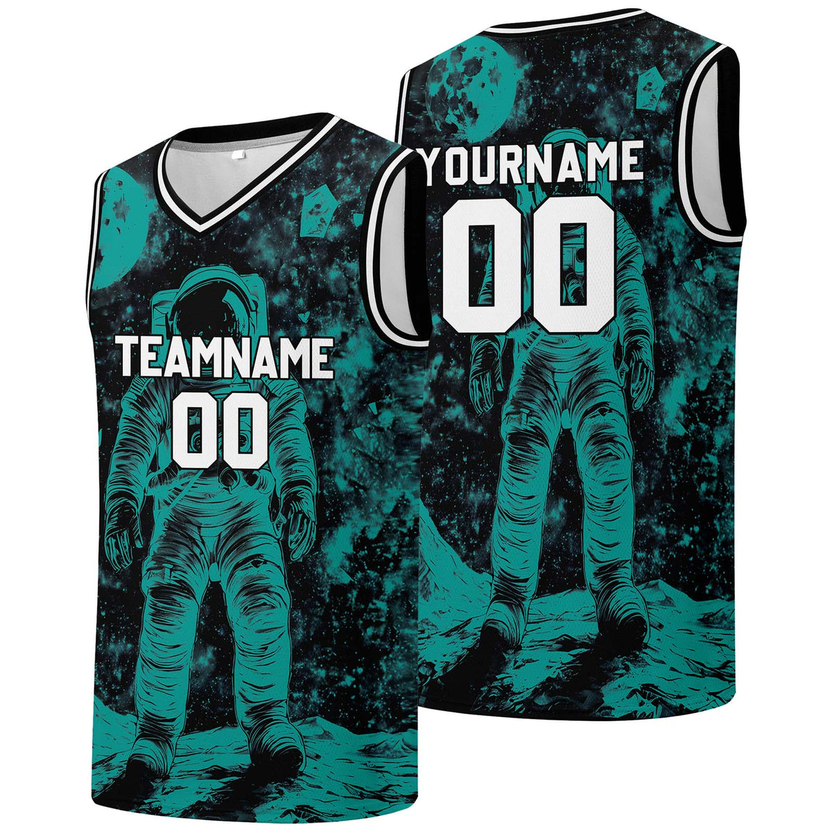 Custom basketball jersey for men and women. Stitched and printed name, number and logo Black&Teal enthsush